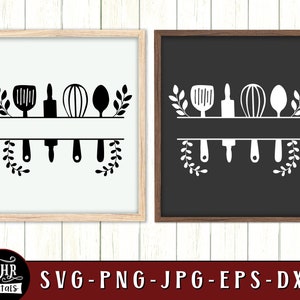 May include: Two black and white images of kitchen utensils on a shelf with leafy sprigs on either side. The top image has black utensils on a white background and the bottom image has white utensils on a black background. The text "SVG-PNG-JPG-EPS-DXF" is below the images.