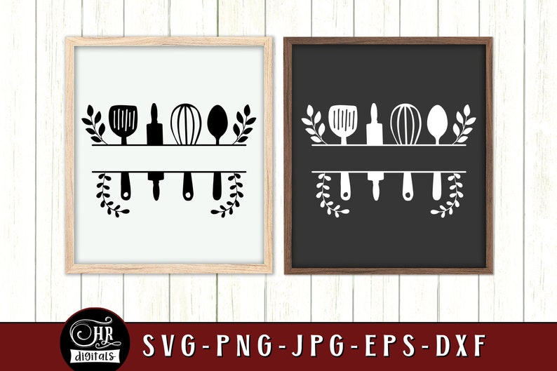 May include: Two black and white images of kitchen utensils on a shelf with leafy sprigs on either side. The top image has black utensils on a white background and the bottom image has white utensils on a black background. The text "SVG-PNG-JPG-EPS-DXF" is below the images.