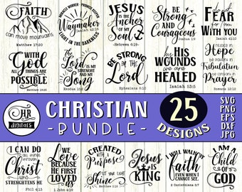 May include: A digital download bundle of 25 Christian-themed designs featuring inspirational quotes and scripture verses. The designs are in black and white and feature a woodgrain background. The bundle includes SVG, PNG, EPS, DXF, and JPG file formats.