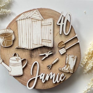 Gardening theme cake topper set. Wooden Garden shed topper set.