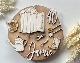 Gardening theme cake topper set. Wooden Garden shed topper set.