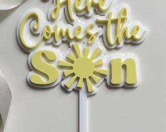 Here Comes The Son | Yellow And White Acrylic Cake Topper