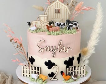 Wooden Farm Cake Topper Set. Name and Age Charms.