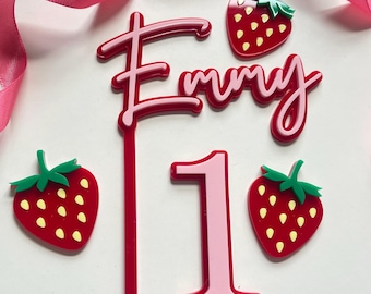Strawberry Themed Name And Age Cake Topper. Pink and Red Acrylic.