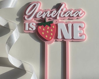 Strawberry cake topper. First birthday topper.  Personalised Acrylic charm.