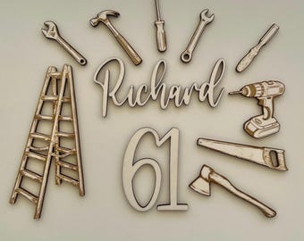 Wooden Tool Theme Cake Charm Set. Name and Age Cake Charm