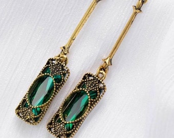 Art Deco Style Green Dangle Earrings, Vintage Style Green Gemstone Drop Earrings, Boho Dangle Green Earrings