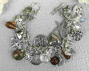 Silver charm bracelet, silver heart and gemstone charm bracelet, vintage style fully loaded bracelet, handmade unique charm bracelet