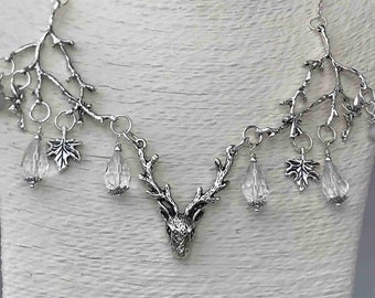 Silver and Glass Crystal Stag Necklace, Antique Silver Stage Head Necklace, Christmas Necklace, Evening Necklace, Gift for Her