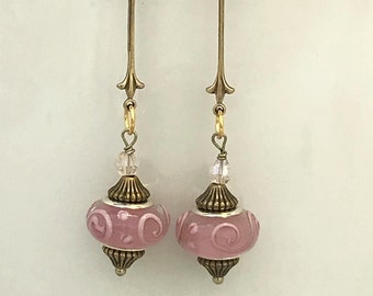 Pink Art Nouveau Vintage Style Earrings, Venetian Glass Vintage Drop Earrings, Handmade Pink Vintage Earring. Wedding Earrings