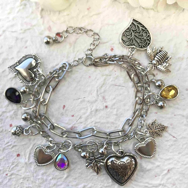 Silver charm bracelet, silver heart and gemstone charm bracelet, vintage style bracelet, handmade unique charm bracelet, girlfriend present