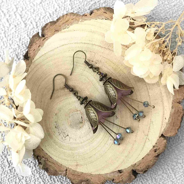 Art Deco Vintage Style Flower Earrings, Pink Flower Dangle Earrings, Floral Antique Bronze Drop Earrings, Girlfriend Gift, Gift for Her
