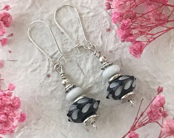 Black and White Lampwork Earrings, Boho Drop Earrings, Black and White Earrings, Glass Bead Dangle Earrings, Girlfriend Present,Gift for Her