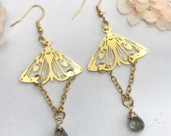 Gold Moth Drop Earrings, Witchy Gold Moth Dangle Earrings, Gold Filigree Moth Earrings, Nature Earrings, Girlfriend Gift