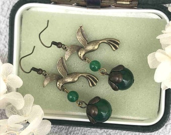 Vintage Style Antique Bronze Bird Earrings, Humming Bird Drop Earrings, Bronze Bird and Flower Dangle Earrings, Nature Lovers Gift