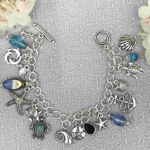 Silver Marine Theme Charm Bracelet,  Charm Bracelet for Women, Fish and Shell Charm Bracelet, Gift for Her, Handmade Jewellery