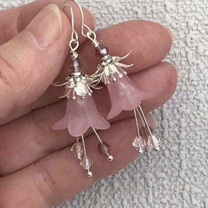 Pink Floral Delicate Dangle Earrings, Pink Flower Earrings, Art Deco Style Flower Drop Earrings, Summer Floral Earrings, Gift for Her