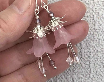 Pink Floral Delicate Dangle Earrings, Pink Flower Earrings, Art Deco Style Flower Drop Earrings, Summer Floral Earrings, Gift for Her