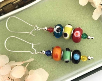 Asymmetric glass lampwork earrings, mismatch dangle earrings, multi-colour bead earrings, boho style patterned earrings, gift for her