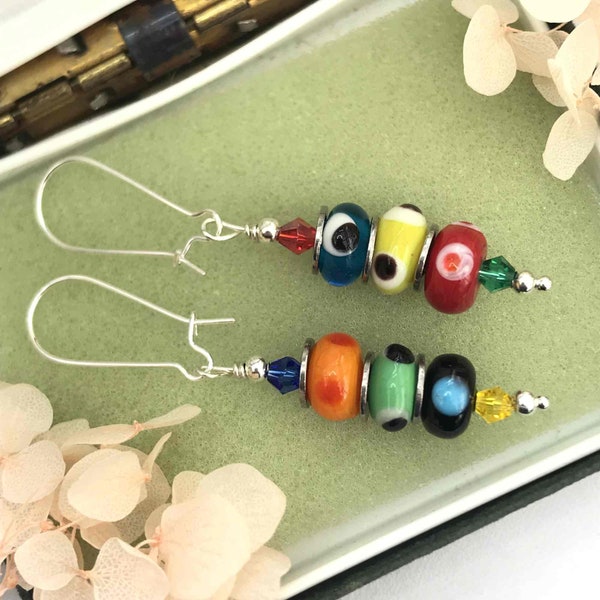 Asymmetric glass lampwork earrings, mismatch dangle earrings, multi-colour bead earrings, boho style patterned earrings, gift for her