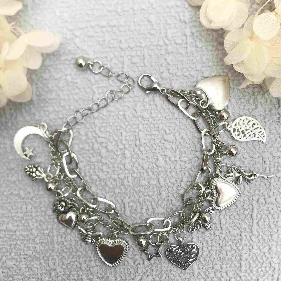 Girls Silver Colour Charm Bracelet, Childs Silver Charm Bracelet, Girls
