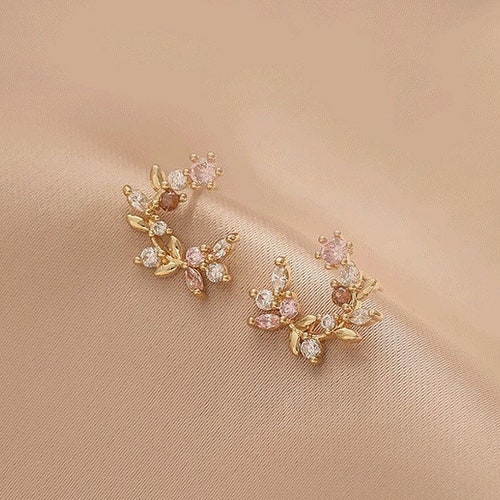 Leaf Wreath Earrings, Crystal Flower and Leaves Gold shops Circle Earrings, Sterling Silver Stud, Birthday Gift for Her, Wedding Jewellery