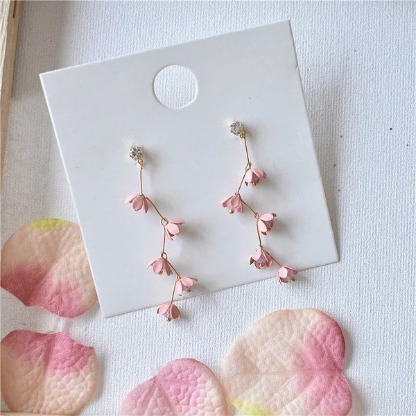 Pale Pink Flower Dangle Earrings, Baby Pink Floral Delicate Drop Earrings, Elegant Tassel Earrings, Nature Earrings, Gift for Her