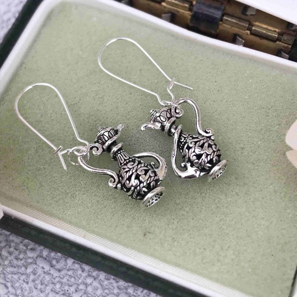 Silver Teapot Earrings, Antique Silver Oriental Coffee Pot drop Earrings, Tiny Teapot Dangle Earrings, Gift for Her