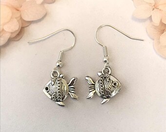 Silver Fish Earrings, Patterned Fish Drop Earrings, Delicate Silver Fish Dangle Earrings, Marine Earrings, Gift for Her