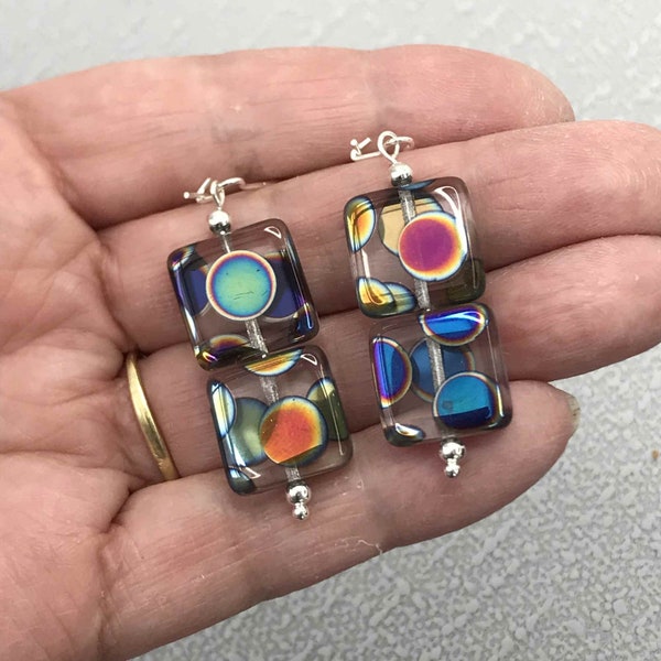 Czech Glass Earrings, Boho Glass Earrings, Dangle Glass Earrings, Square Glass Bead Earrings, Girlfriend Present, Gift for Her