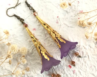 Purple and Gold Art Deco Flower Dangle Earrings, Boho Purple Drop Flower Earrings, Girlfriend Present, Gift for Her