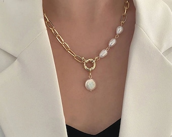 Gold Chain and Pearl Necklace, Gold Baroque Pearl Chain Necklace, Chunky Pearl Drop Necklace, Girlfriend Present, Gift for Her