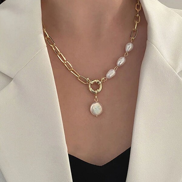 Gold Chain and Pearl Necklace, Gold Baroque Pearl Chain Necklace, Chunky Pearl Drop Necklace, Girlfriend Present, Gift for Her