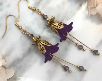 Purple Art Nouveau Vintage Style Flower Earrings, Purple Flower Dangle Earrings, Floral Antique Gold Drop Purple Earrings, Girlfriend Gift