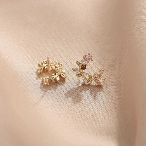 Leaf Wreath Earrings, Crystal Flower and Leaves Gold shops Circle Earrings, Sterling Silver Stud, Birthday Gift for Her, Wedding Jewellery