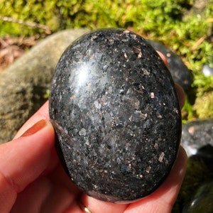 May include: A polished black and silver gemstone with a smooth, oval shape. The stone has a speckled appearance with small, silver flecks throughout.