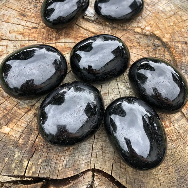 Black Tourmaline Palm Stones From Madagascar | EMF Protection Stone | Polished Black Tourmaline | 2 Sizes