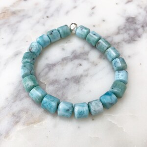 Beautiful Larimar Stretch Bracelet With Karen Hill Tribe Silver Accent Bead | Handmade Bracelet With 8mm Beads