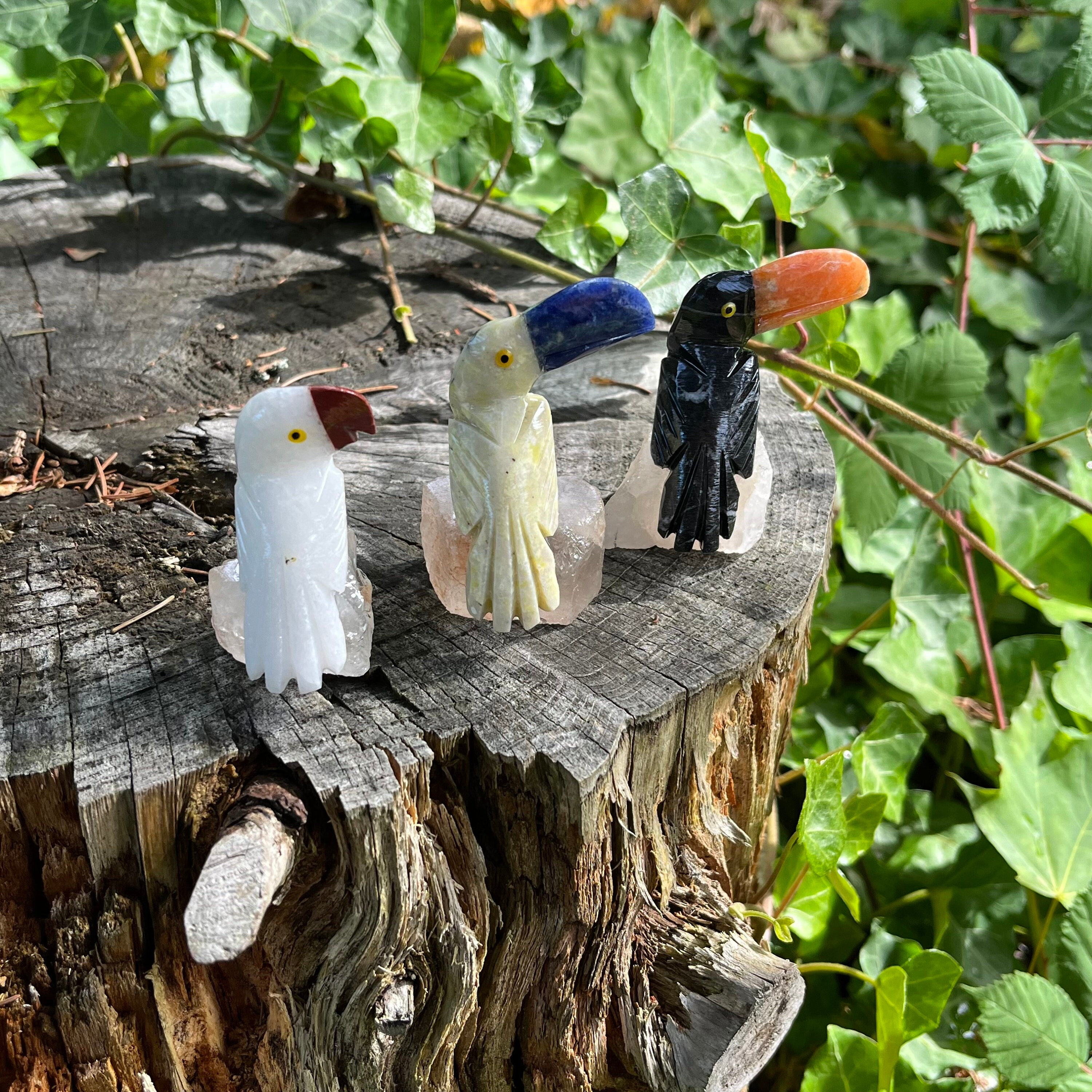 Dolomite Bird, Mined & Carved in Brazil | Dolomite Stone Crystal Bird Carving With Quartz Base| Colourful Parrot, Toucan, Bird Figurine