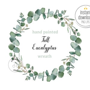 Clipart de corona de eucalipto redonda #3 / acuarela - tarjeta de invitación de boda - número de mesa de boda - descarga instantánea