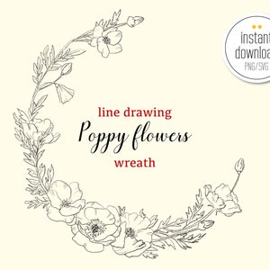 Croquis de couronne de coquelicot SVG & PNG | croquis au crayon de fleur de pavot, dessin au trait floral - téléchargement instantané