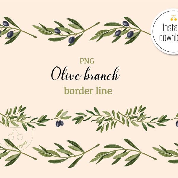 Olive seamless border line clipart | greenery border graphic - watercolor - hand drawn- Baptism invitation -  instant download