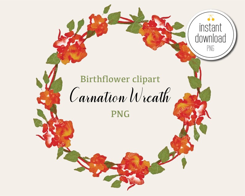 Carnation Wreath Clipart Watercolor Birthday Party Etsy