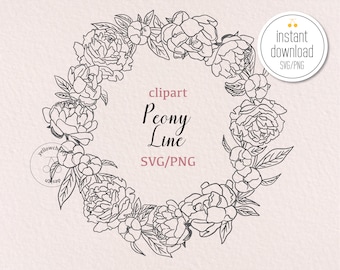Peony Wreath Line Art: Floral SVG & PNG (Digital Download)