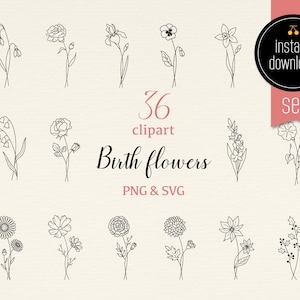 Fleurs de naissance SVG&PNG clipart | Fleur dessinée à la main - anniversaire - gravure - cadeau - téléchargement instantané