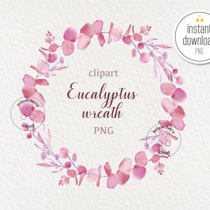 Couronne d’eucalyptus rose | aquarelle - carte d’invitation de mariage - numéro de table de mariage - téléchargement instantané
