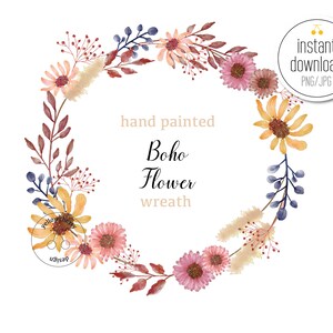 Boho bloemenkrans clipart | aquarel - voor bruiloft en feest etc - PNG - wand decor - instant download