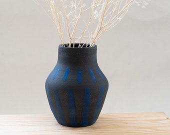 Black Vase with Blue Detail| Dark | Flower Vessel | Modern Home Decor | Minimalist Ceramics