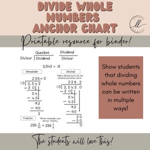 May include: A printable anchor chart for dividing whole numbers, featuring examples of division problems with remainders and decimals. The chart includes the text "Divide Whole Numbers Anchor Chart" and "The students will love this!"