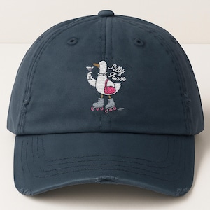 Silly Goose Hat - Embroidered Distressed Hat, Goose with Martini & Rollerblades, Unique Hat Gift, Embroidered Goose, Goose Gifts